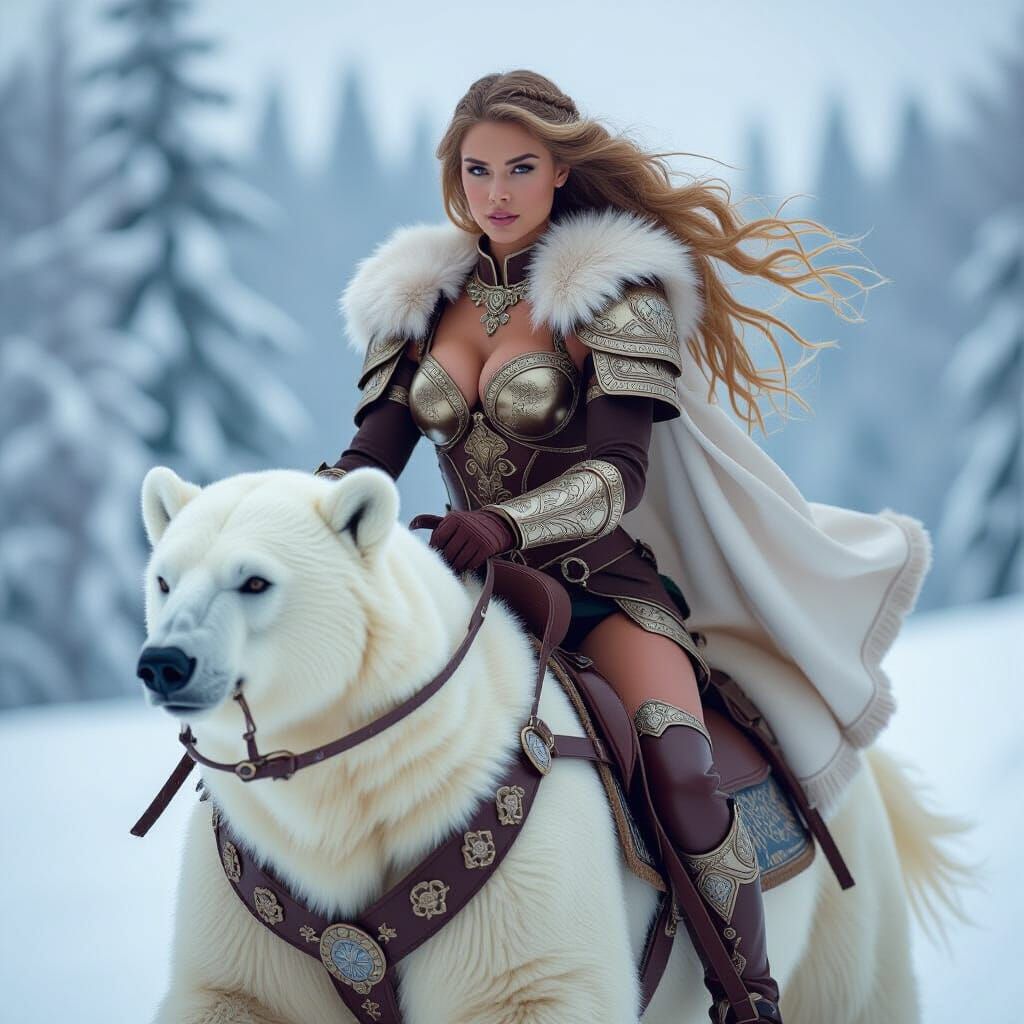Armored Woman Riding a Polar Bear in Snow