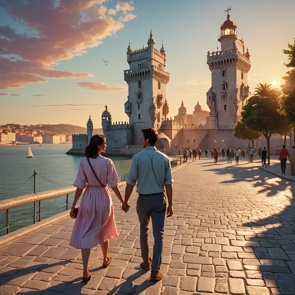 Lisbon Holiday at Sunset in Pixar 3D Style