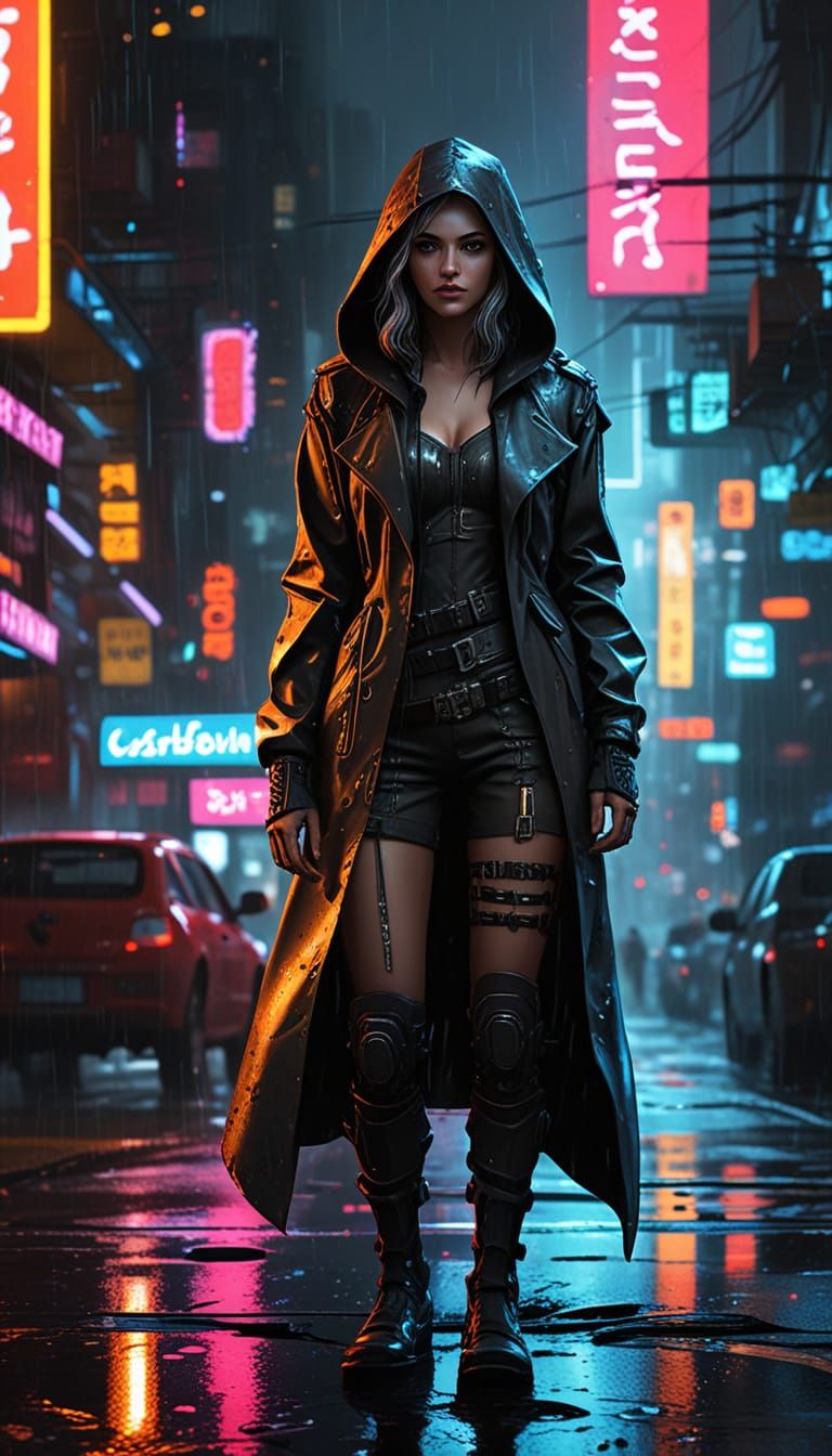 Cyberpunk Rogue in Rain-Slicked Streets