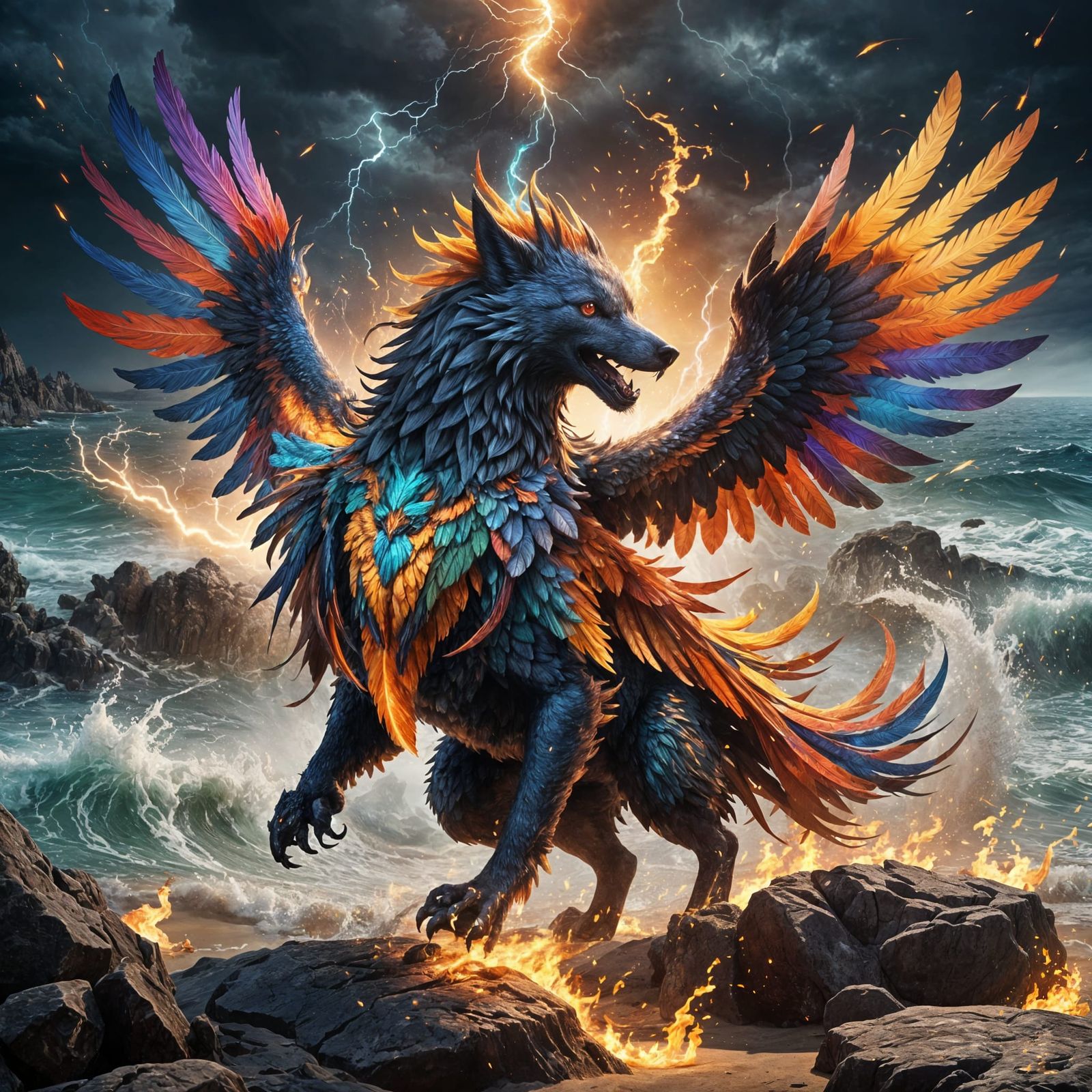Simurgh: Mythical Wolf with Wings on Fire Beach