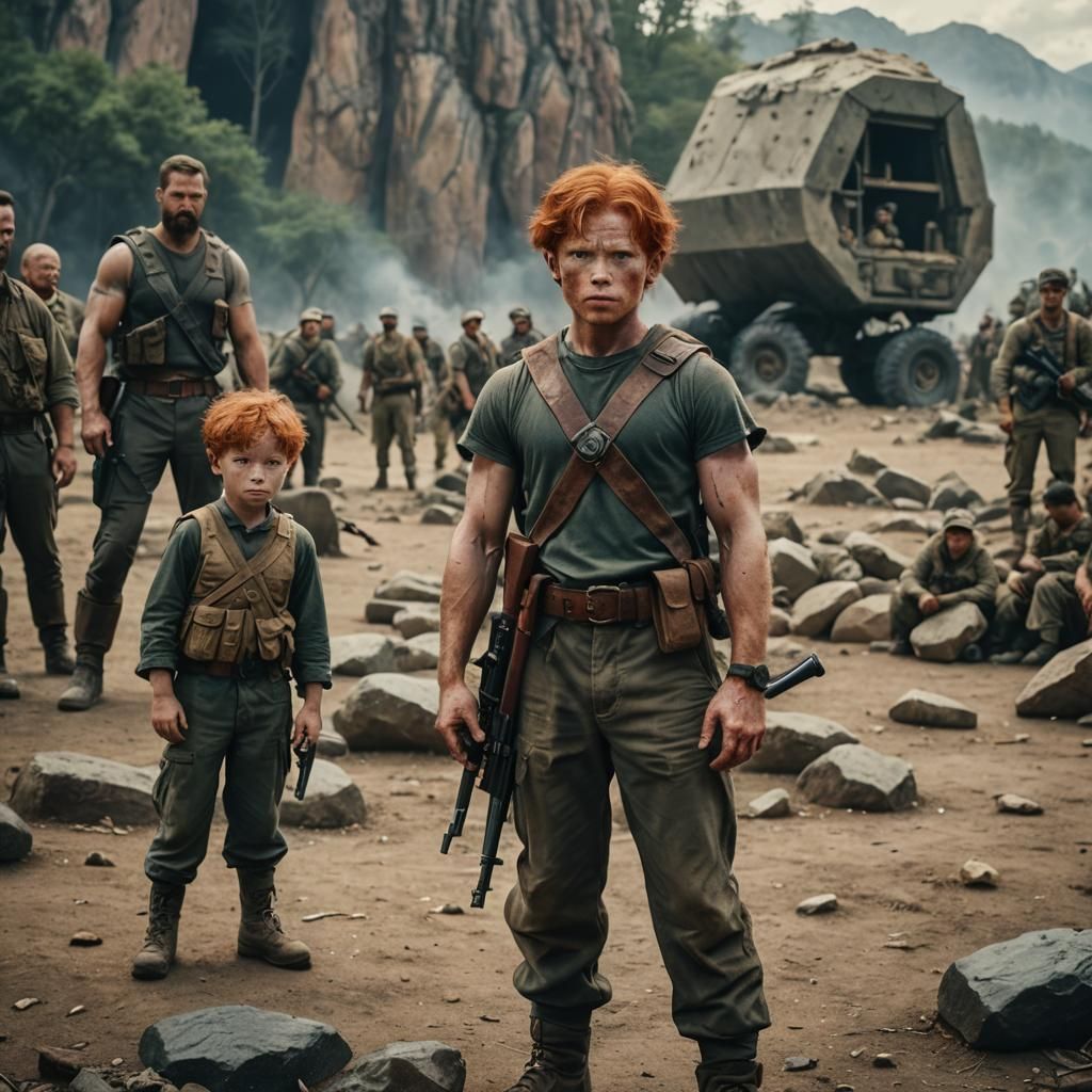 Dramatic Film Still of Boy Confronting Soldier