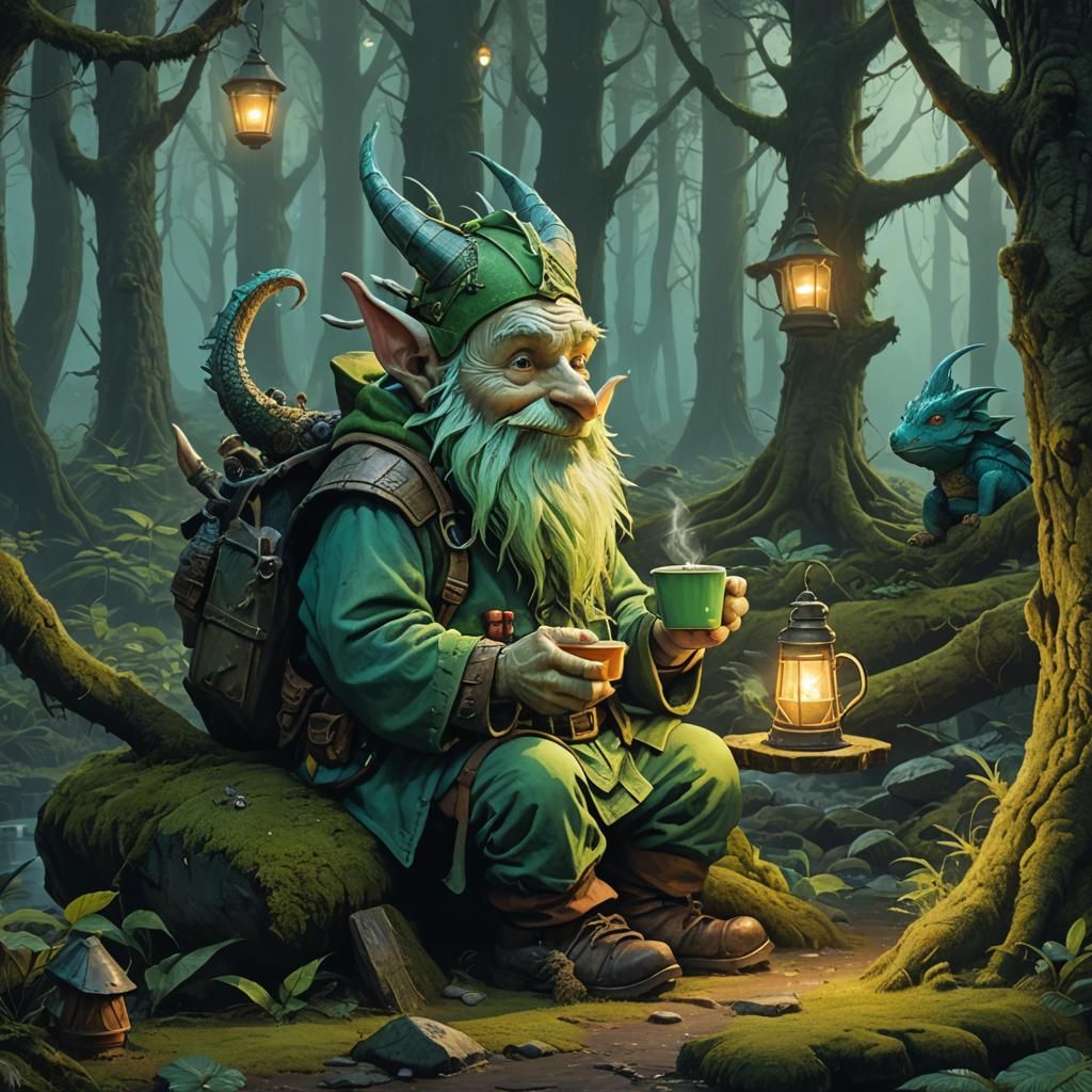 Gnome and Dragon Tea Party in Mystical Forest
