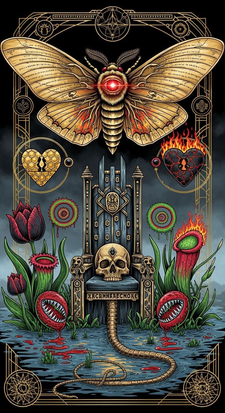 Techno-Mythic Moth Above Throne in Digital Art