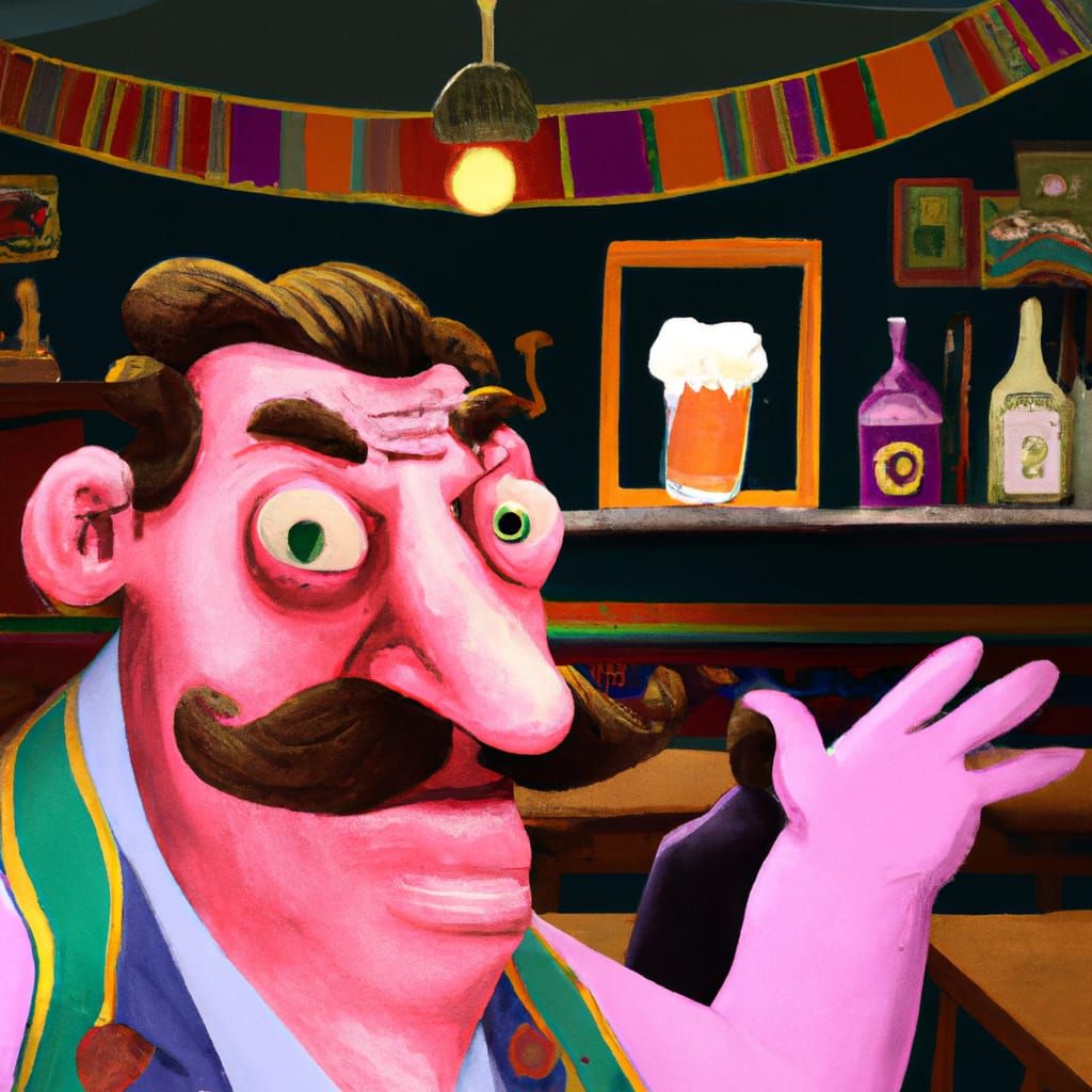 Absurdist Pink Brontiotrep Serves Beer in Irish Pub