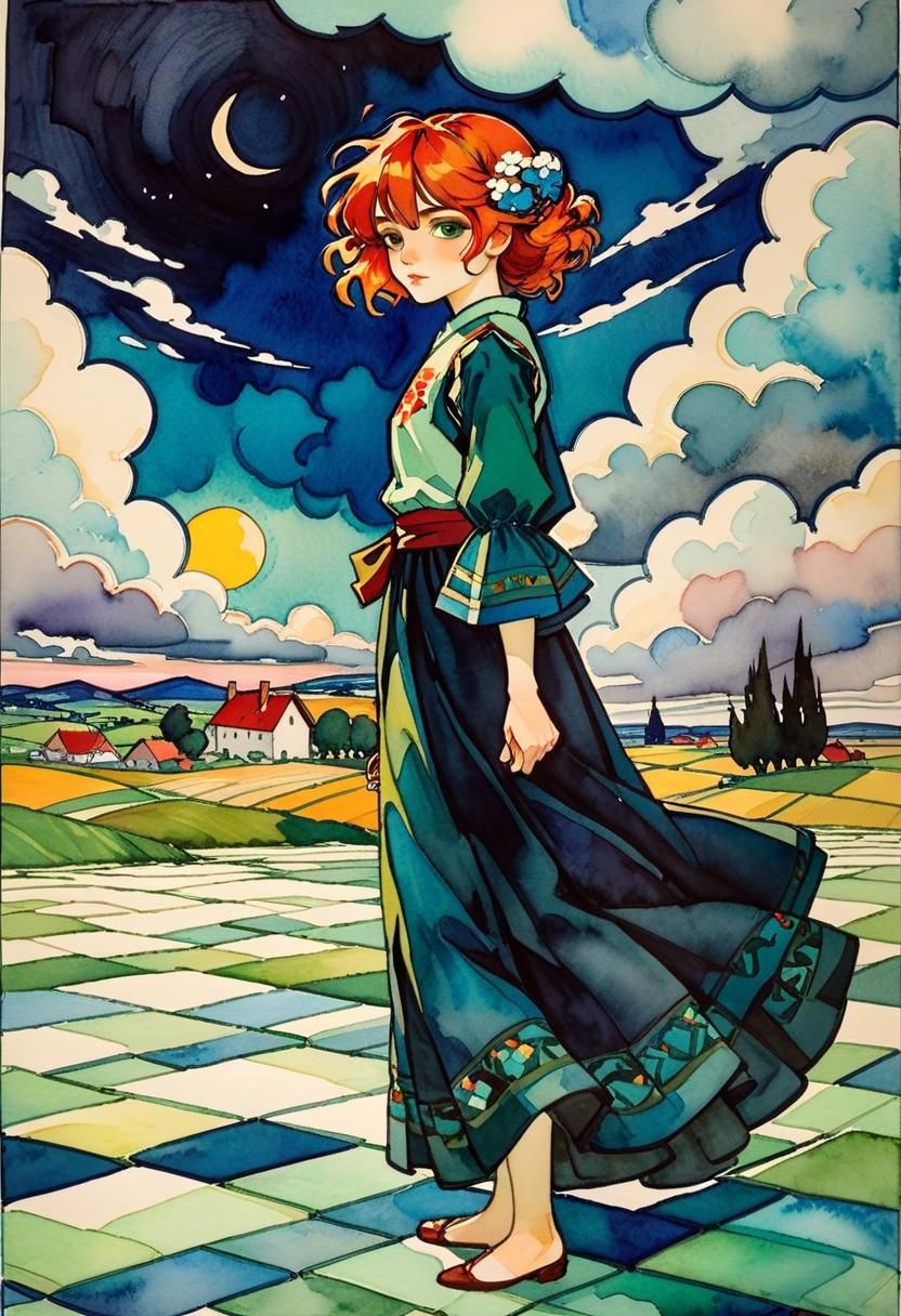 Dreamlike Quilted Landscape in Watercolor and Ink