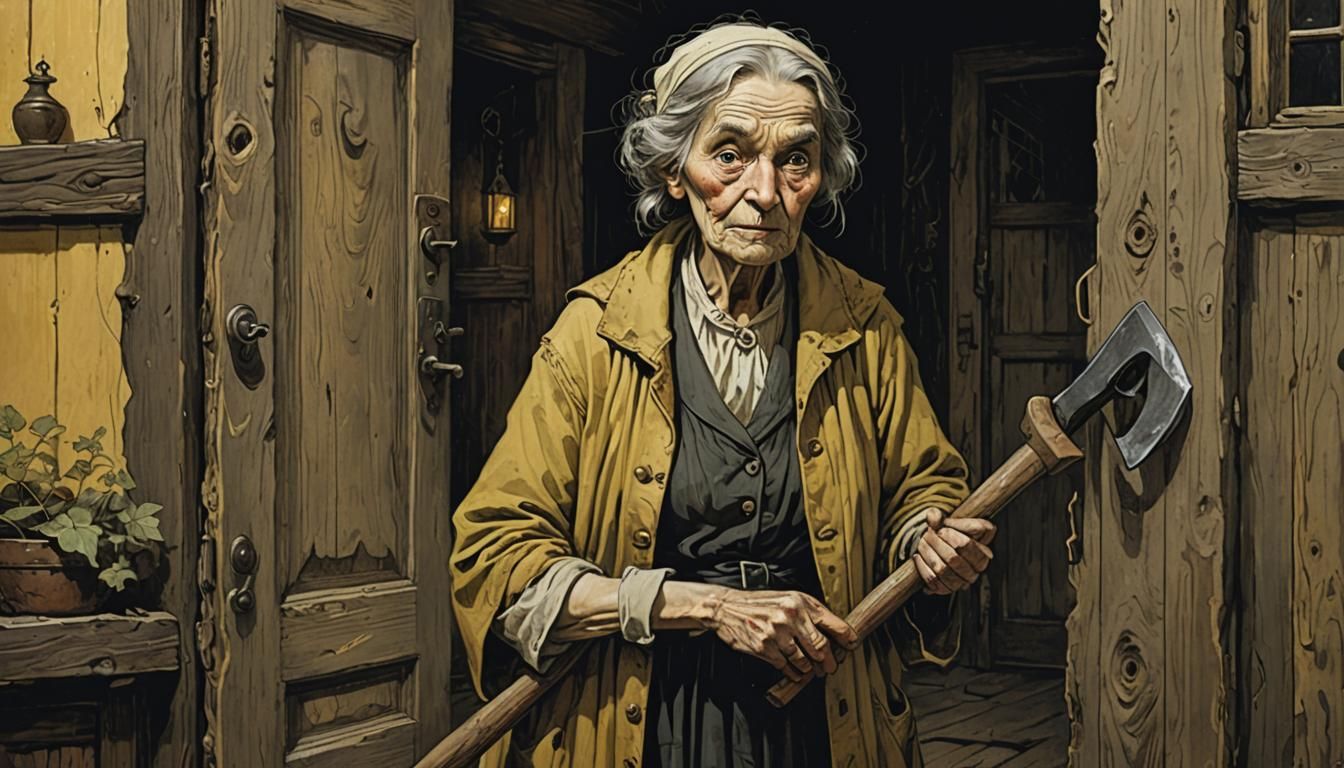 Eerie Old Woman with Shovel: Dark Fairytale Illustration