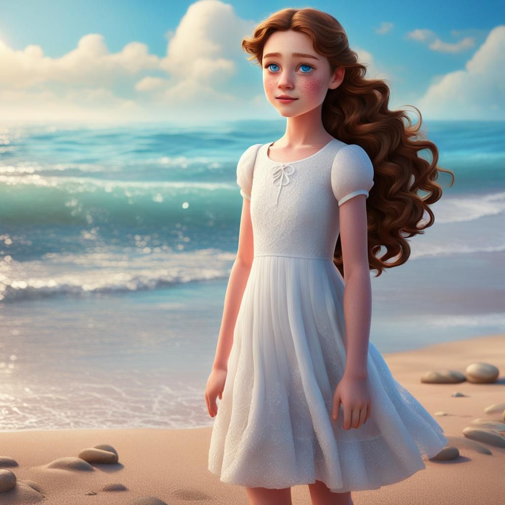 Girl on Beach in Pixar Disney 3D Style