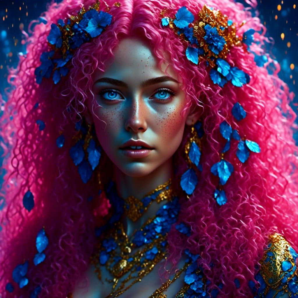 Pretty Woman with Pink Hair and Gold Droplets