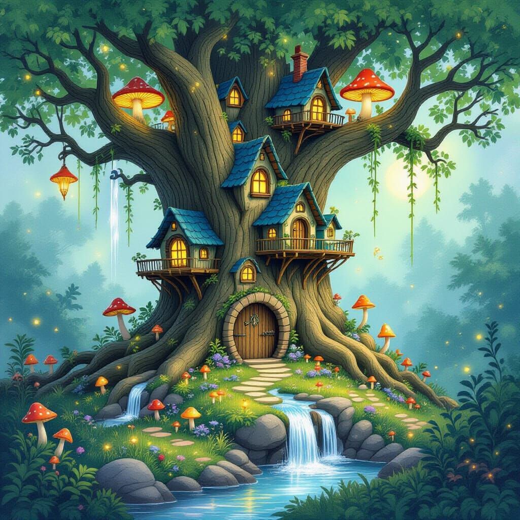 Enchanted Fairy Village Inside Giant Tree, Fantasy Art