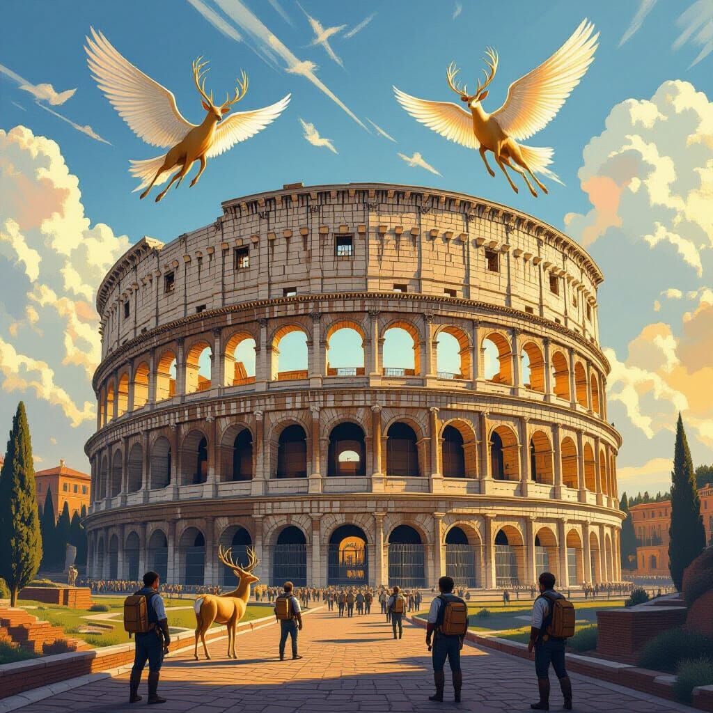 Golden Colosseum with Angelic Deer, in Sci-Fi Style