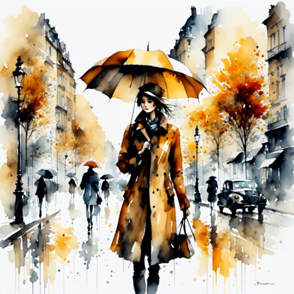 Woman with Umbrella in Rainy Paris: Watercolor Illustration