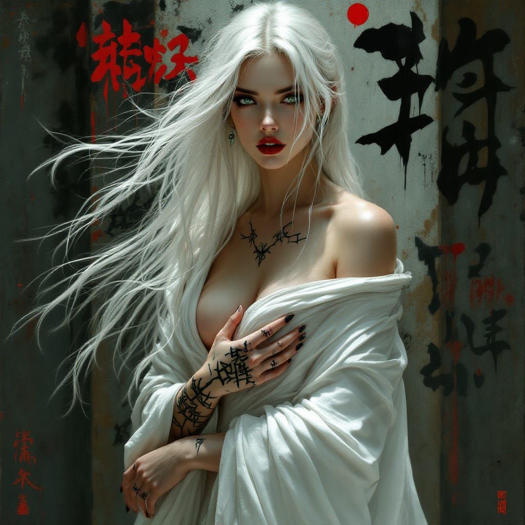 Enchantress with Cursed Runes in Surreal Setting