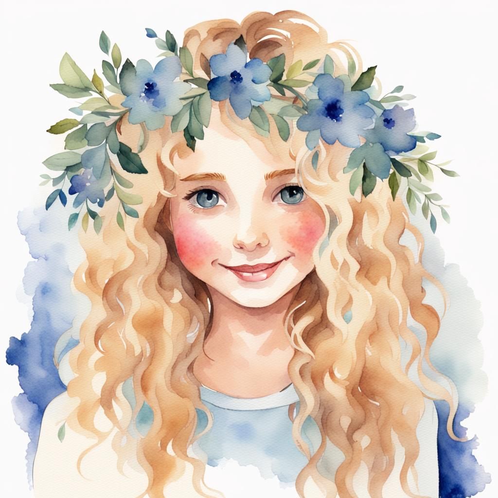 Watercolor Portrait: Blonde Girl with Wreath