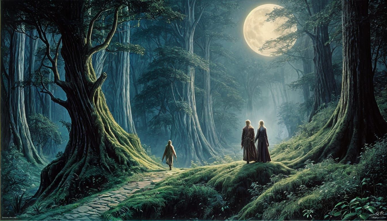 Elven Couple in Moonlit Enchanted Forest