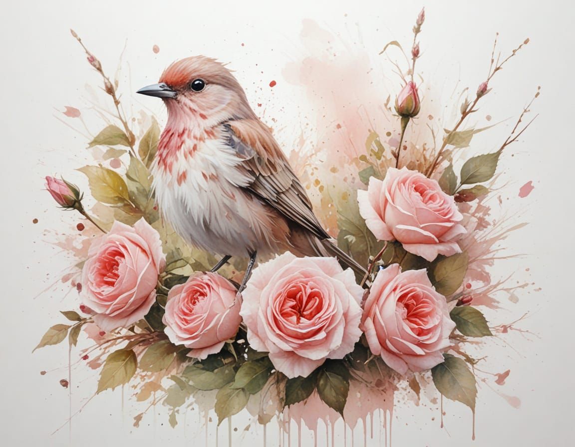 Pink Bird on Roses in Painterly Realism Style