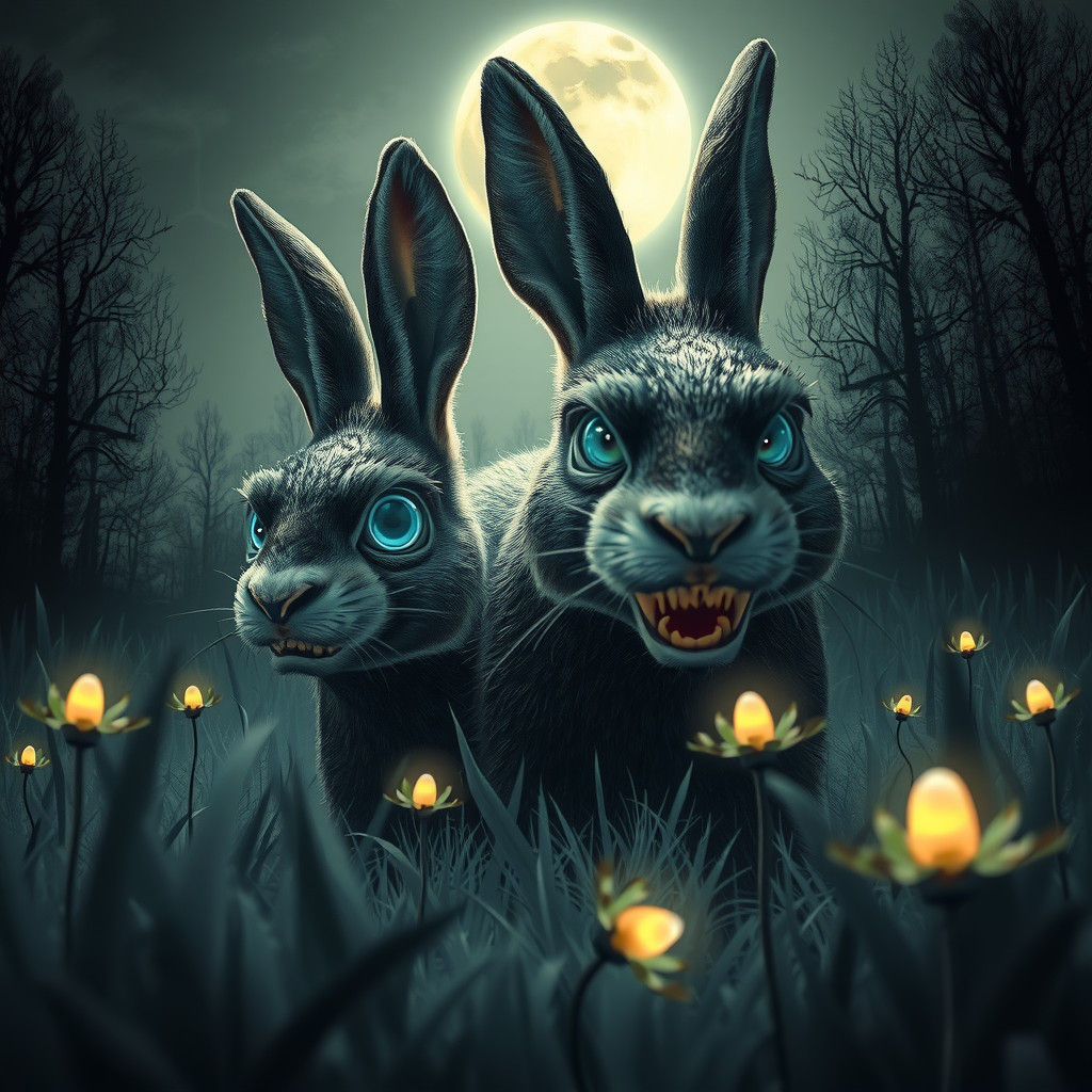 Surreal Moonlit Forest with Monstrous Rabbits