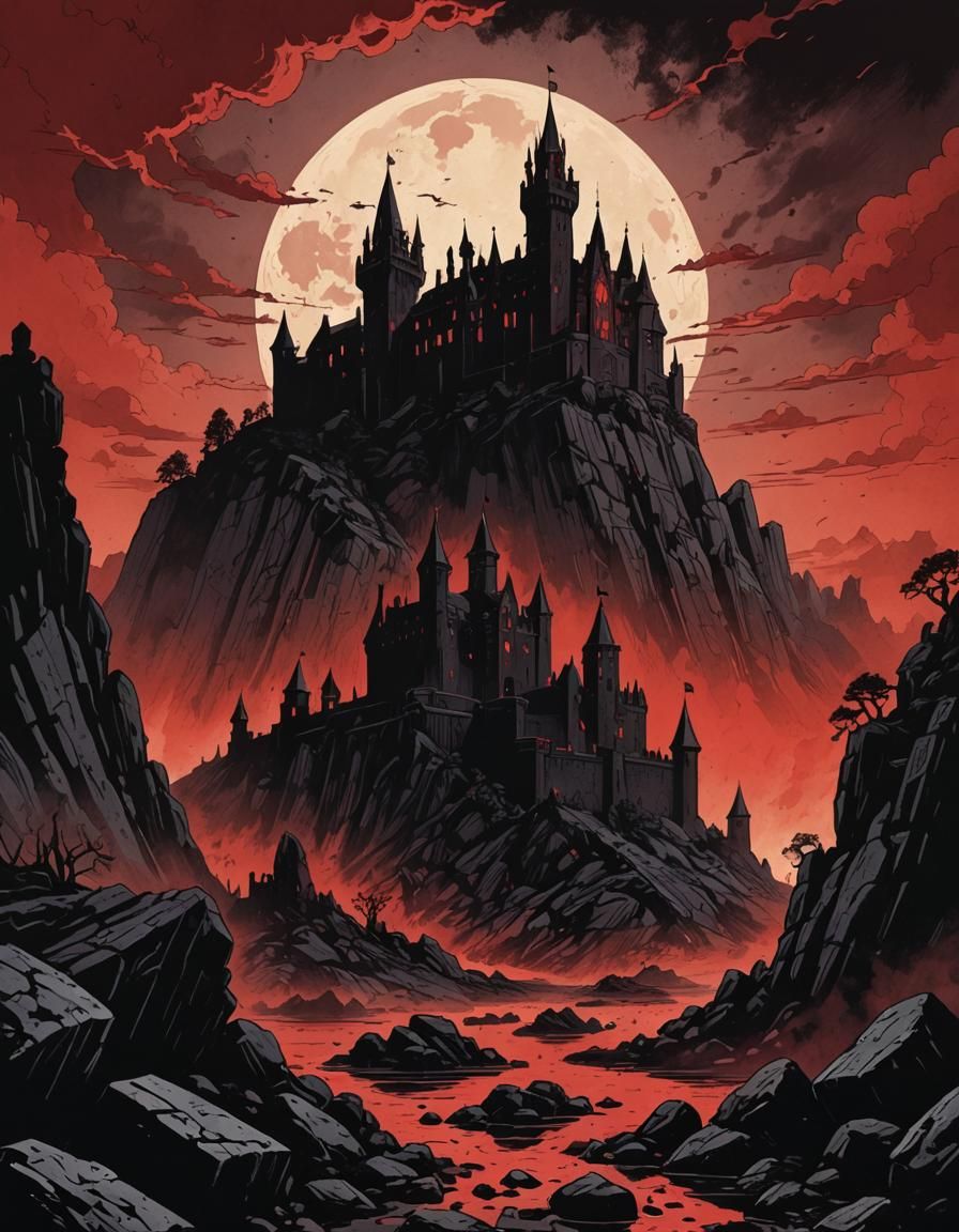 Gothic Castle Silhouette in Comic Book Style