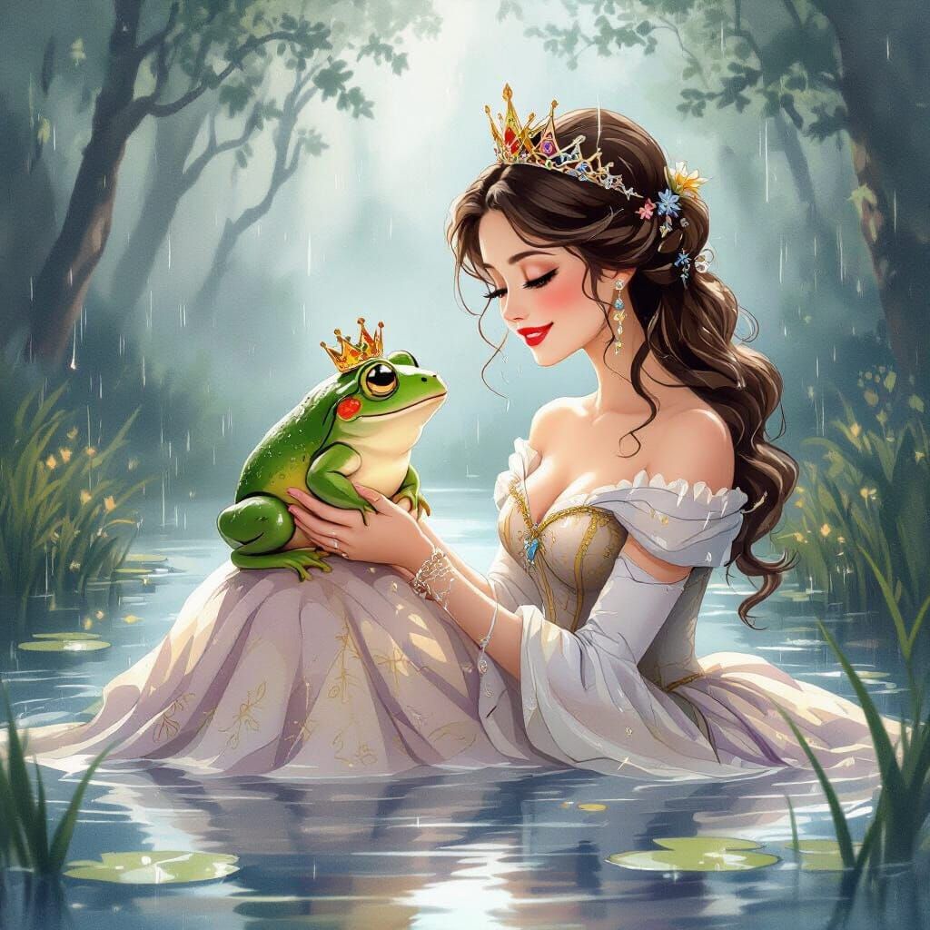 Queen and Crowned Frog in Rainy Forest Pond