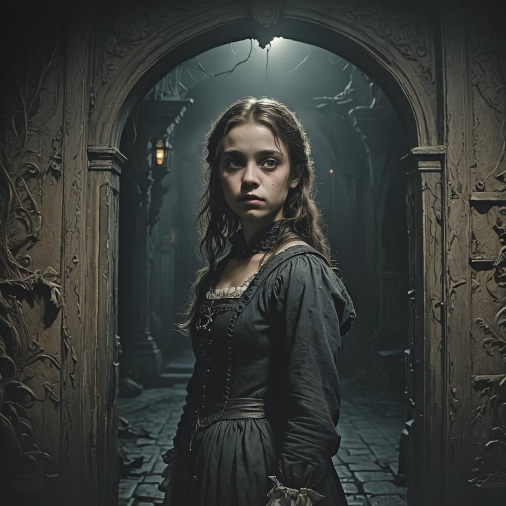 Eerie Haunted House with Girl: Dark Fantasy Art