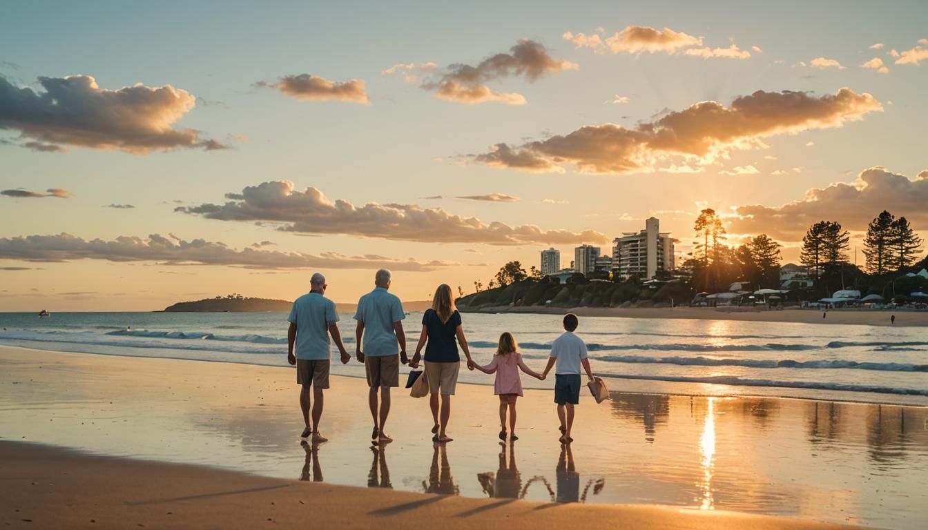 Family Sunset Walk, Mooloolaba Beach in Fantasy Art