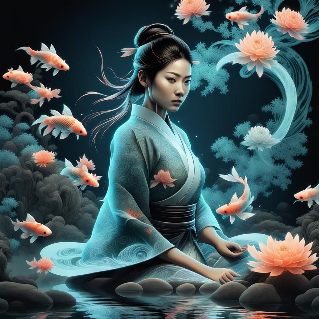 Bioluminescent Koi in Japanese Zen Garden