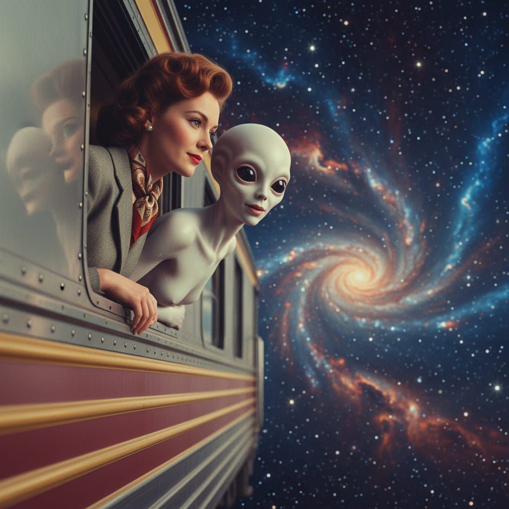 Woman and Alien in Retro Train Amidst Galaxy