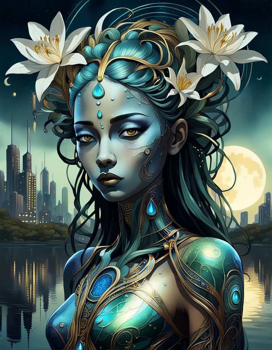 Grieving Light Spirit in Cyberpunk Art Nouveau Style