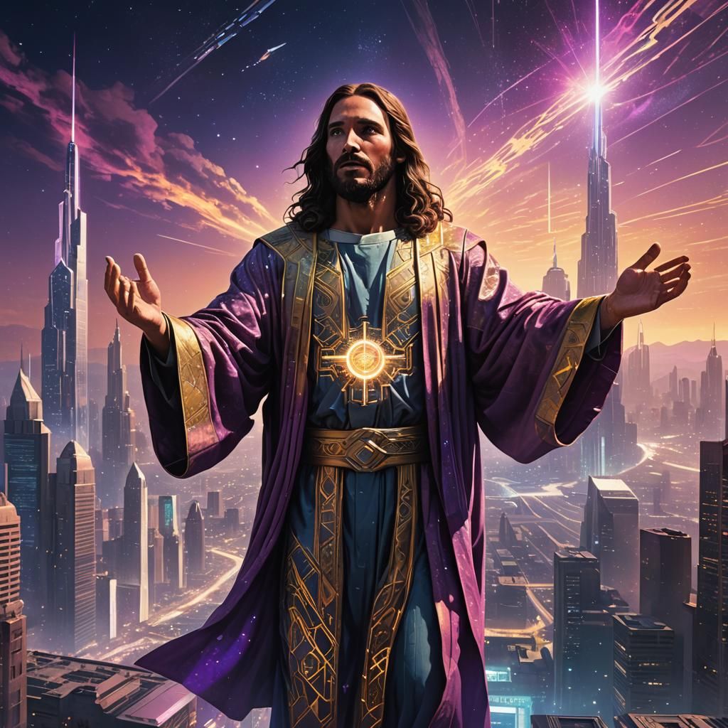 Jesus Christ in Sci-Fi Cityscape Concept Art