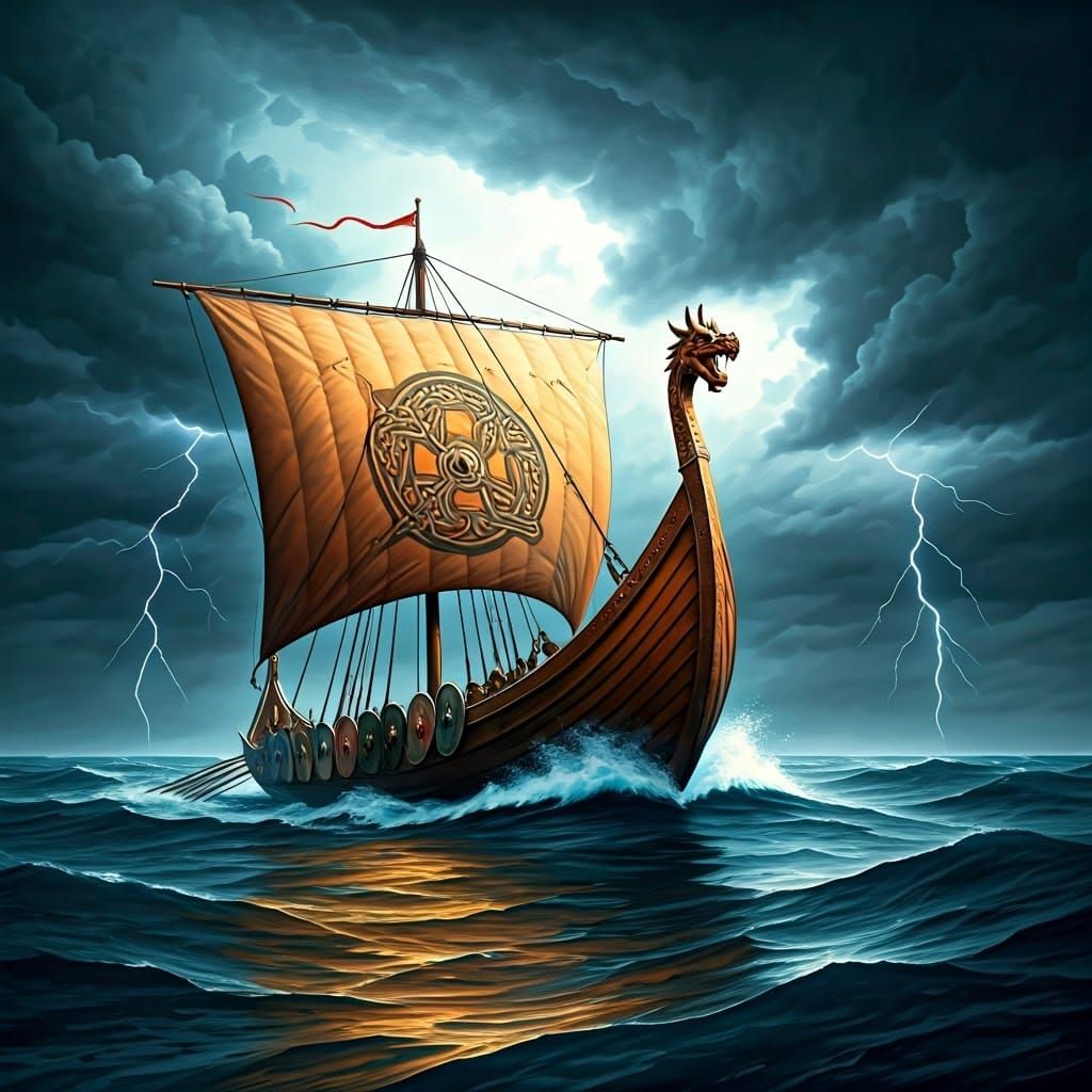 Viking Dragon Ship Sailing Stormy Seas: Fantasy Art