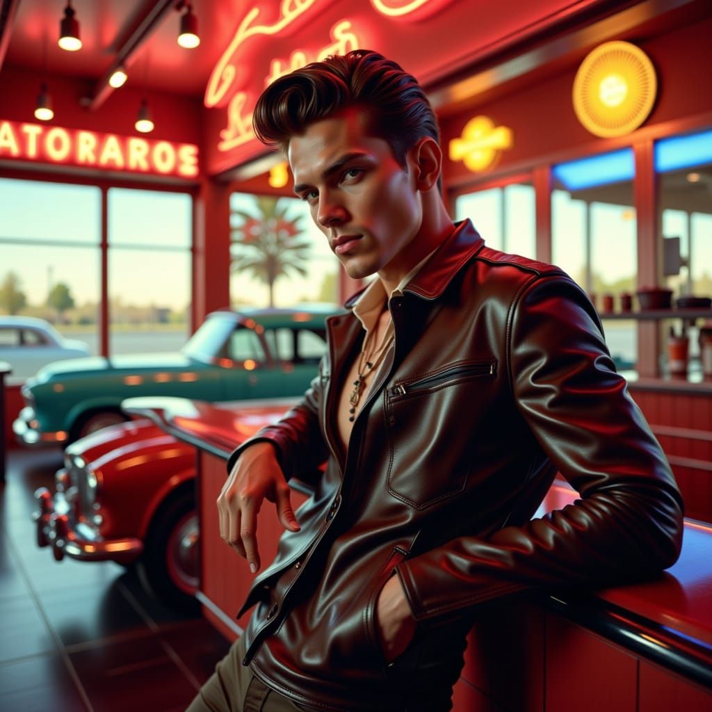 1950s Greaser in Diner with Classic Car, Retro Photography