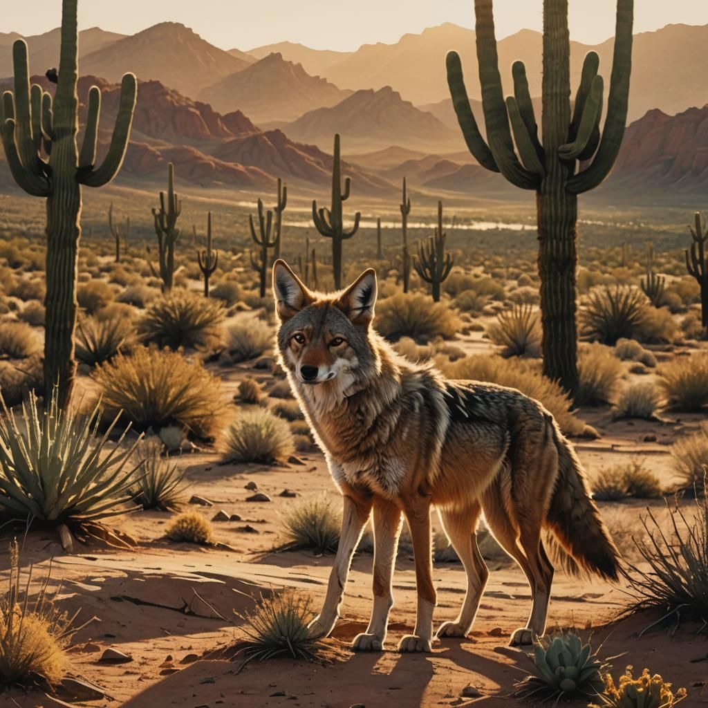 Coyote in Desert Landscape at Sunset