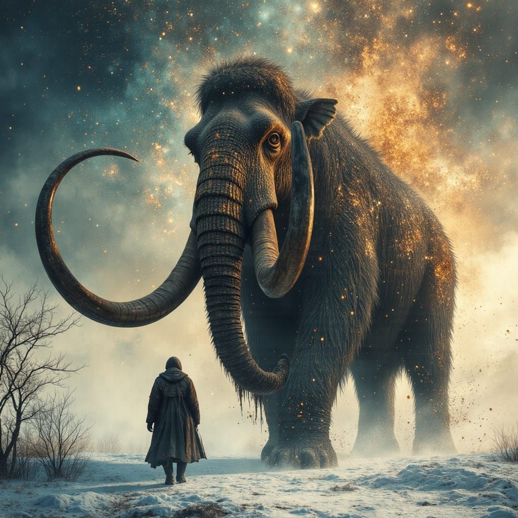 Colossal Mammoth in Ethereal Nebula Sky