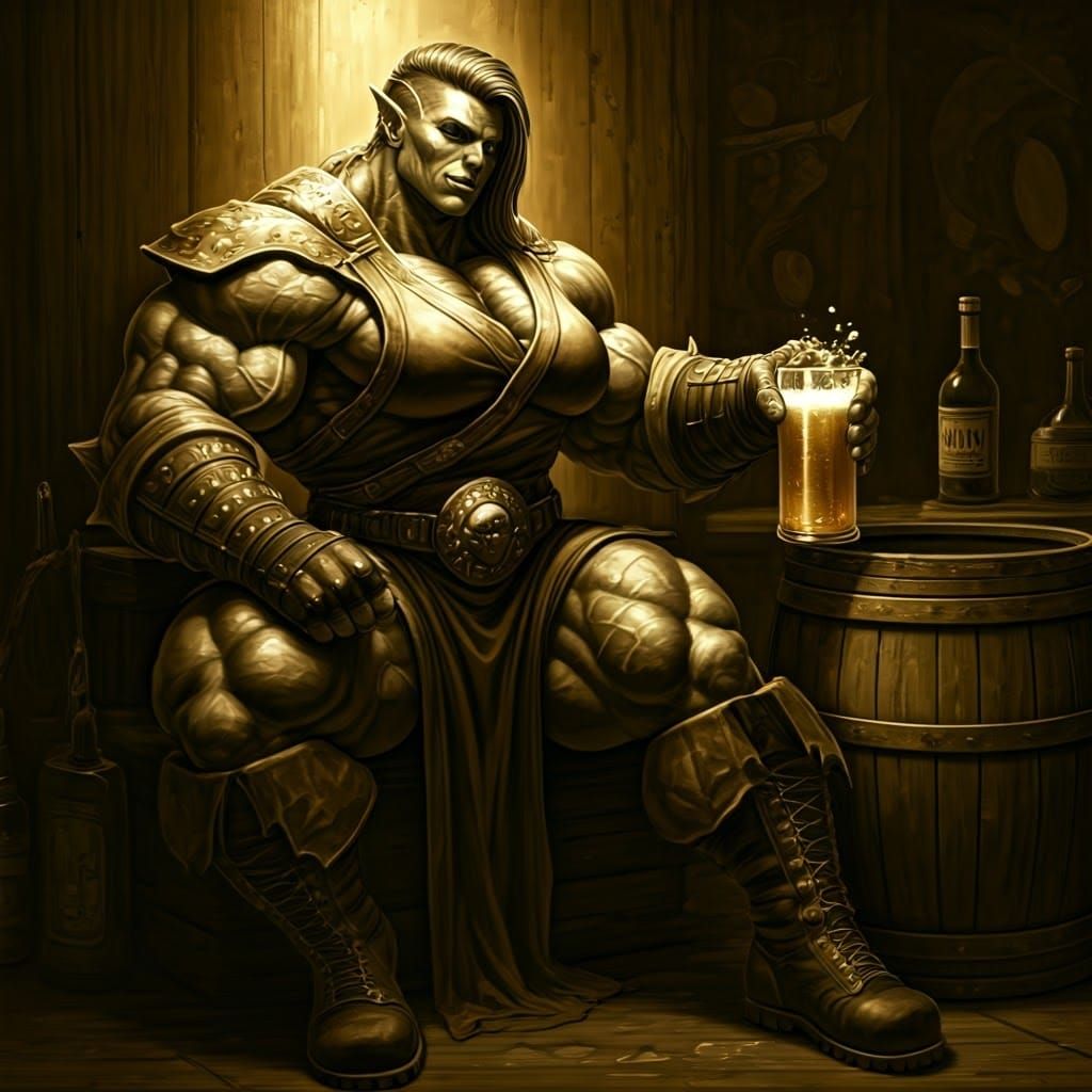 Toned Ork Monk Enjoys Ale in Rich Gold and Emerald Green