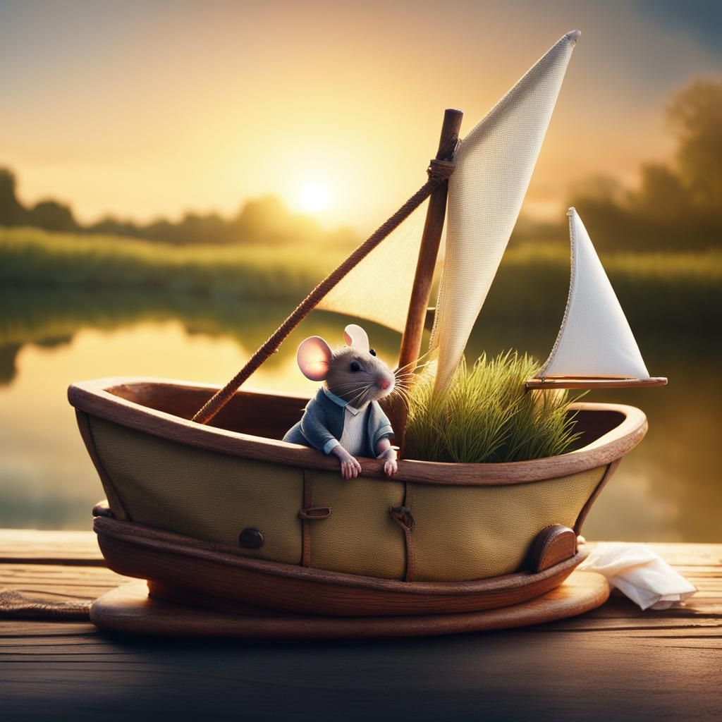 Mouse Sails in Shoe Boat at Sunset