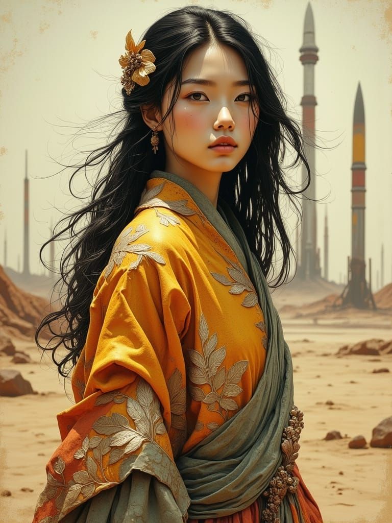 Regal Futuristic Goddess Amidst Lo-Fi Rocketry