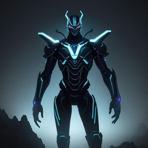 Neon Blue Silver Beetle Alien on Iridescent Planet