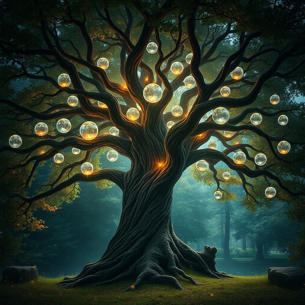 Enchanted Forest Tree with Glowing Orbs