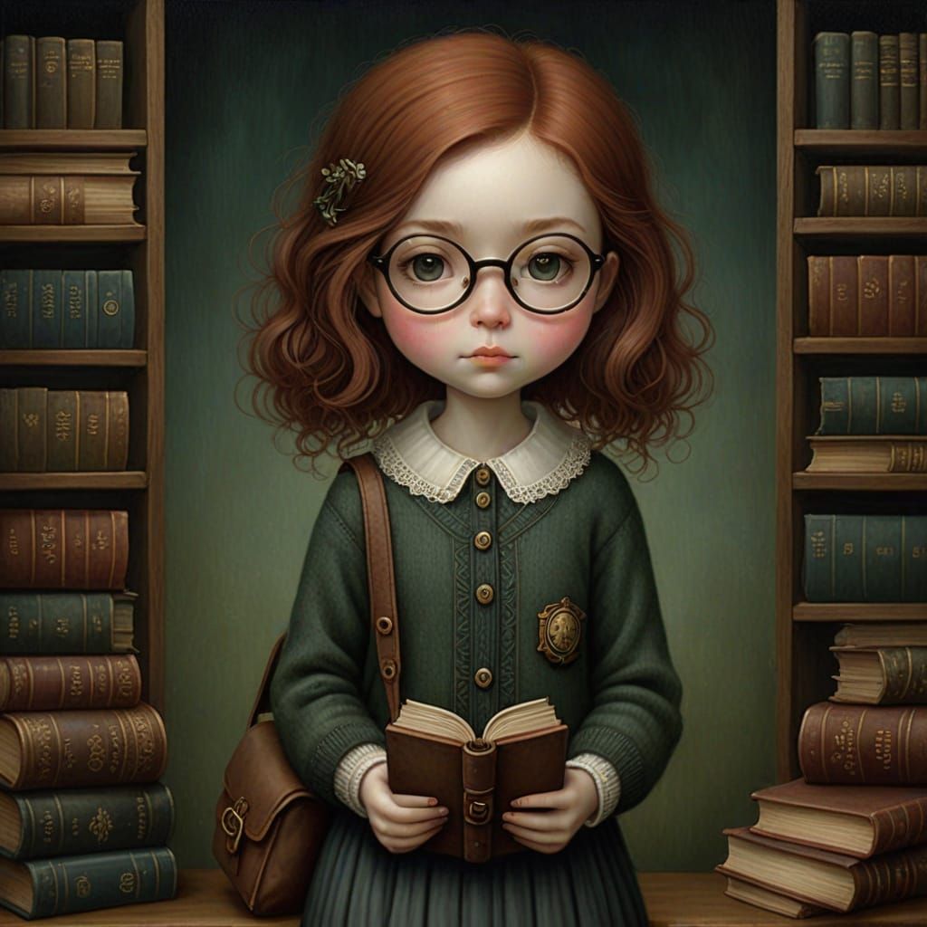 Enchanting Bookworm in Whimsical Academic Setting