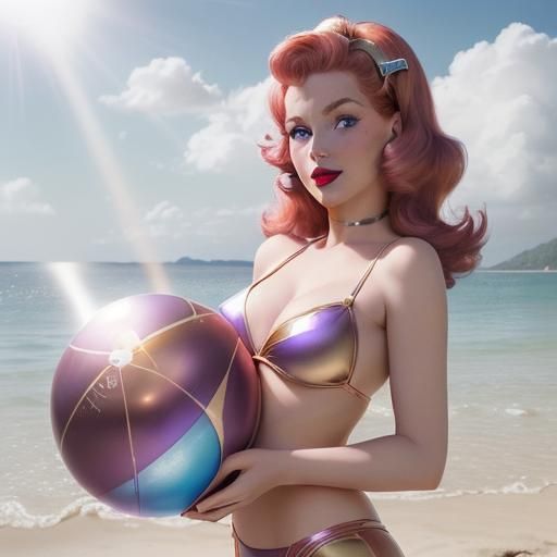 Retro Sci-Fi Pinup in Space with Beach Ball
