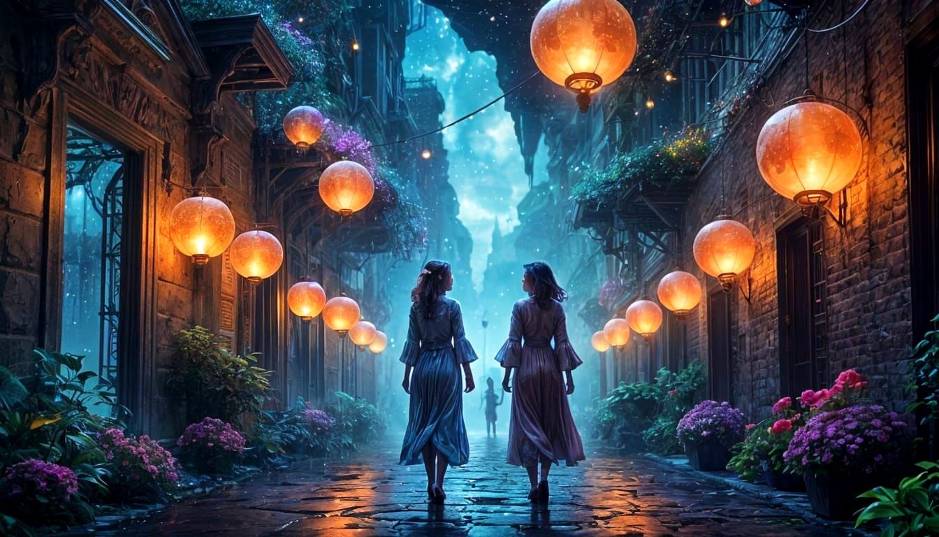 Enchanted Cosmic Alleyway with Ethereal Woman