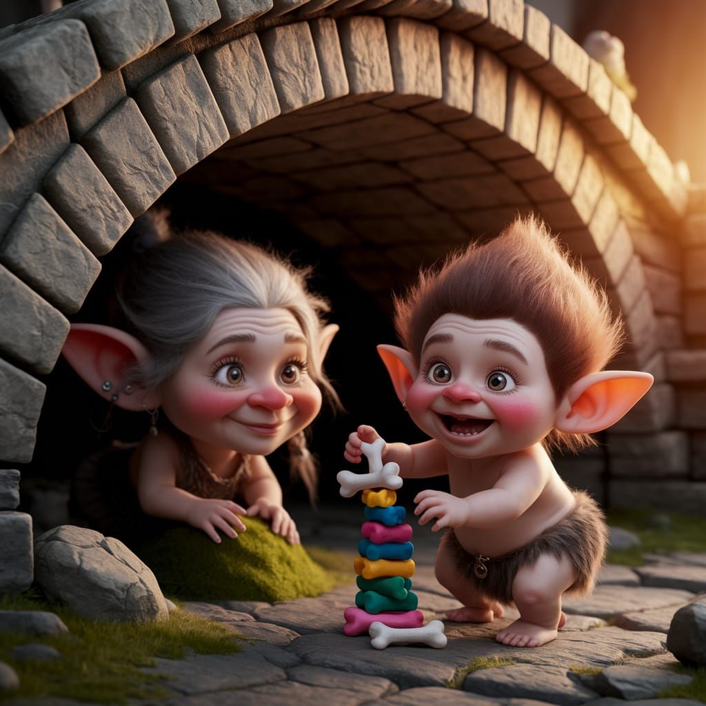Adorable Troll Family Under Ancient Bridge