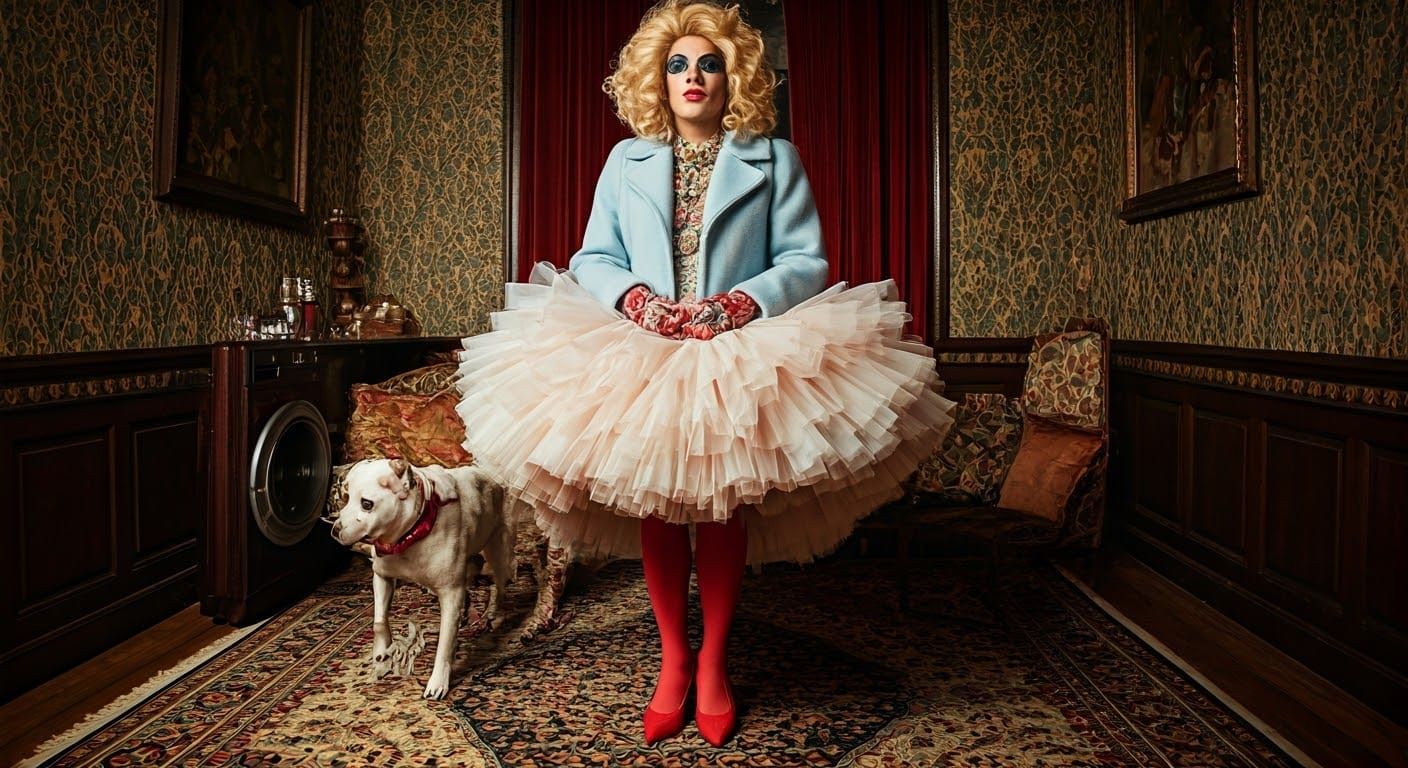 Extravagant Man Poses in Ornate 1970s Interior