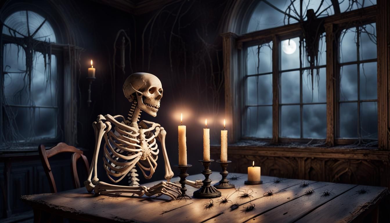 Spooky Skeleton Lights Candles in Gothic Victorian House