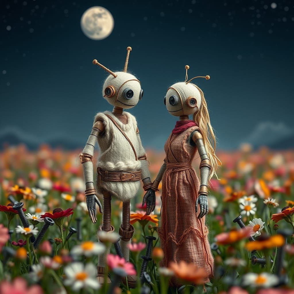 Whimsical Android Couple Under Starry Night Sky