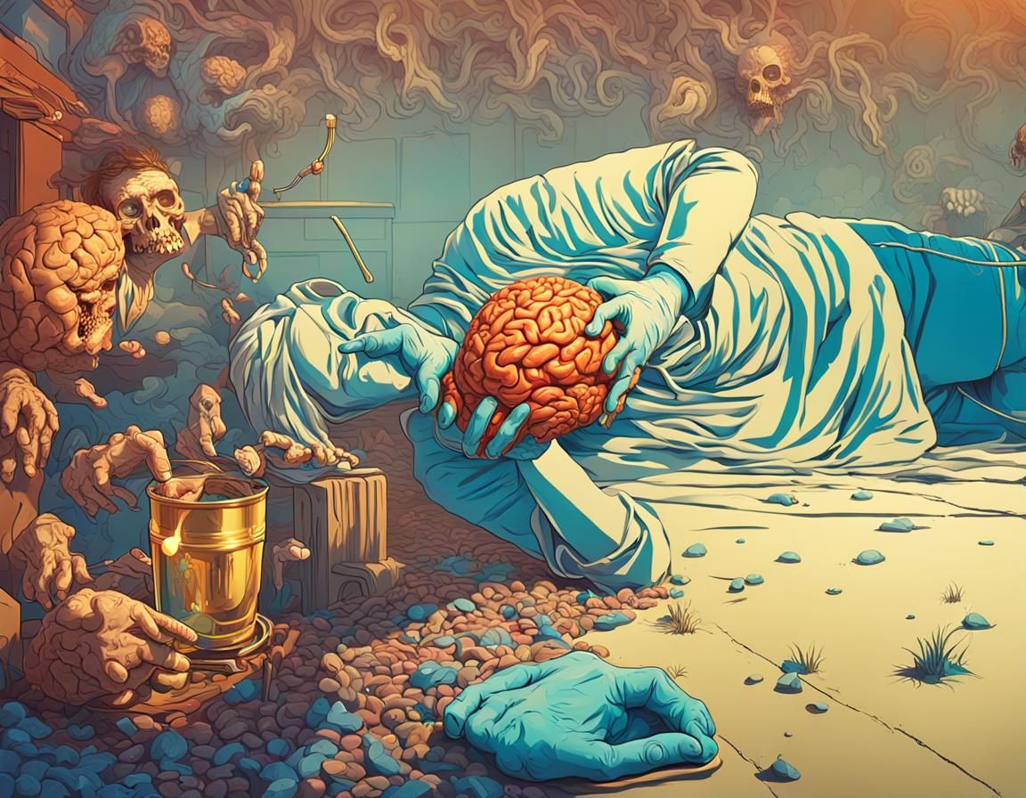 Woman Drinks Brains of Severed Head: 3D Digital Art
