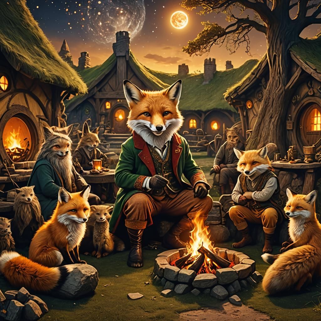 Fox in Celtic Suit with Hobbit Family