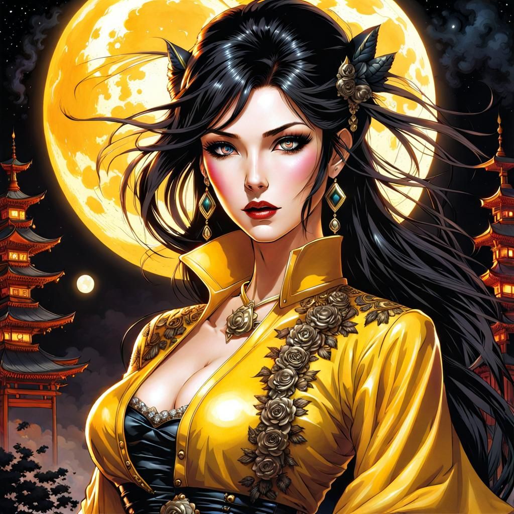 Gothic Japanese Woman and Werewolf in Moonlight