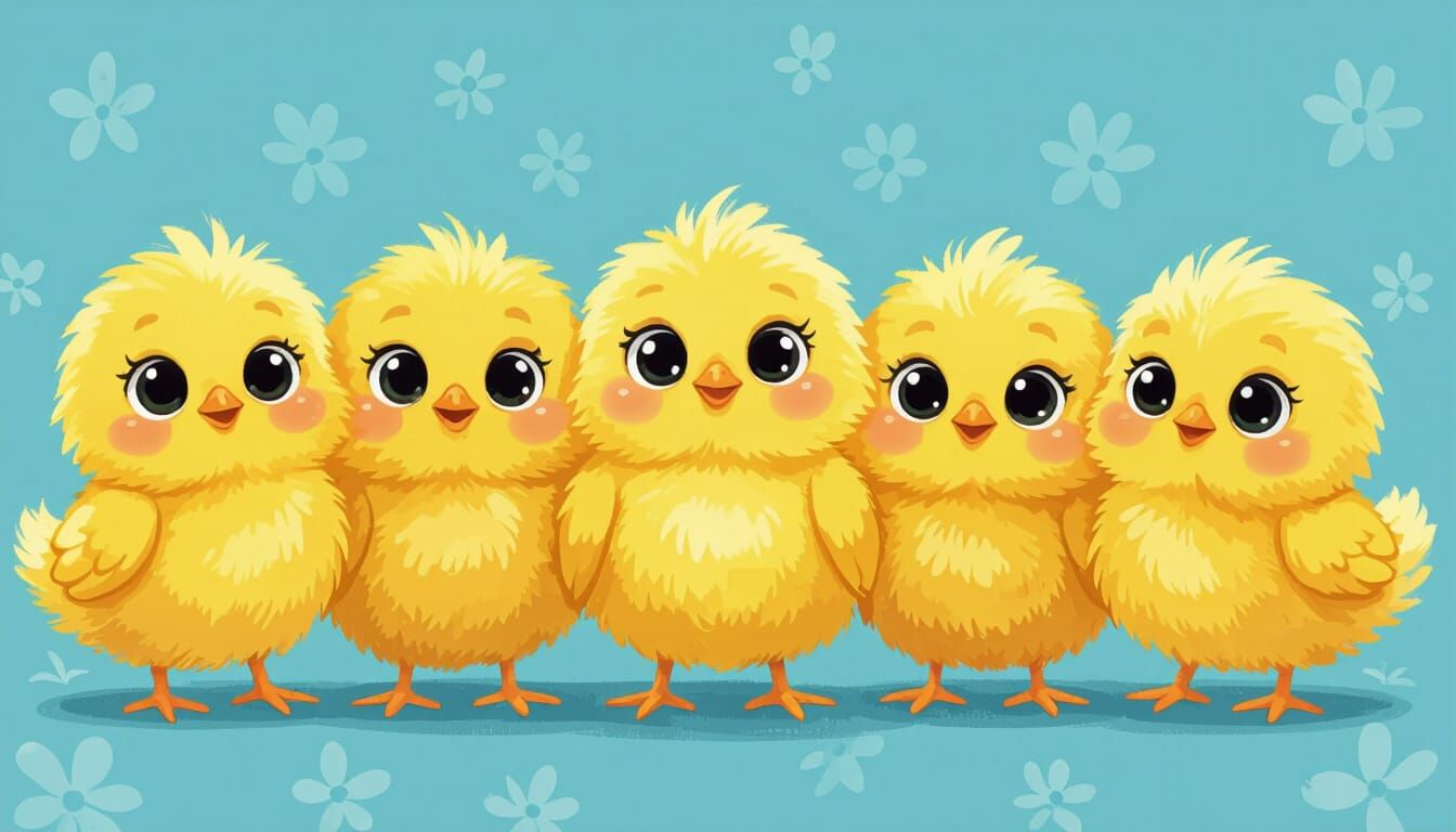 Ten Cartoon Chicks in a Playful Setting