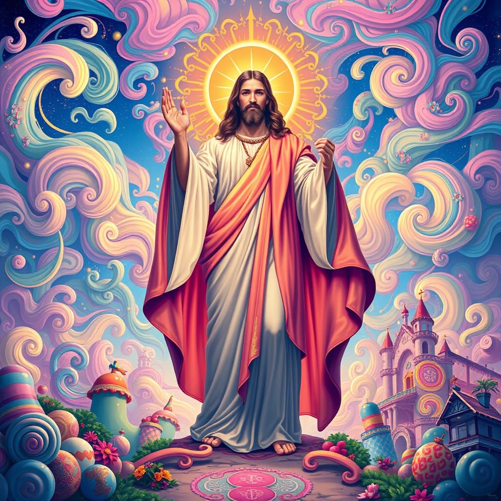 Radiant Figure in a Candyland Wonderland, Gouache Style