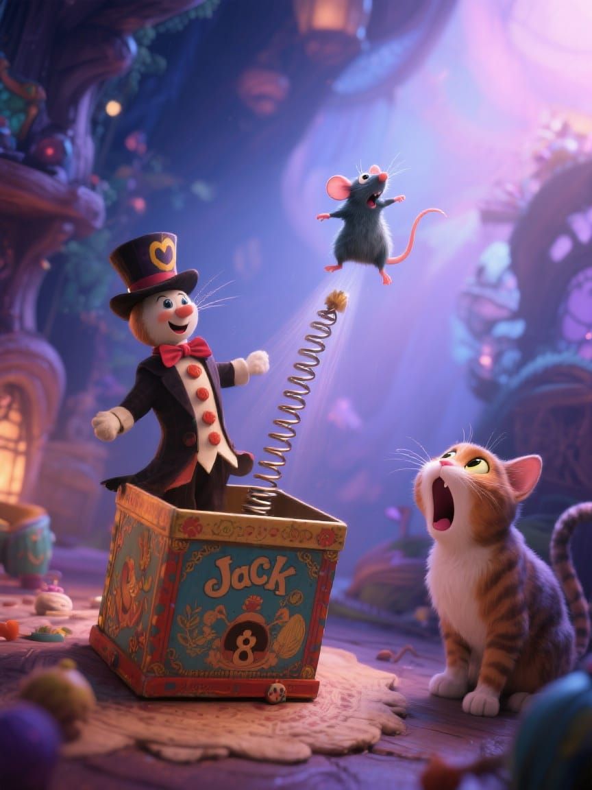 Whimsical Jack-in-the-Box Mouse Launch: Dreamlike Scene